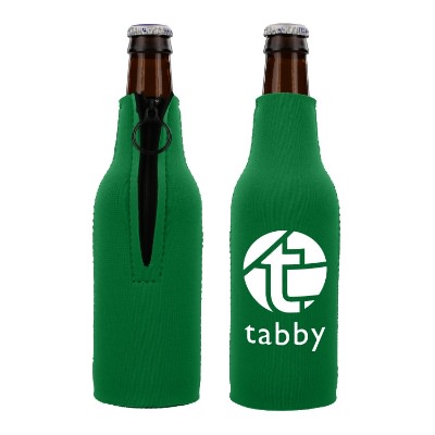 Neoprene kelly green zipper bottle with custom imprint.
