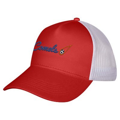 Red and white mesh back custom embroidered hat.