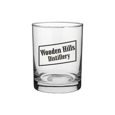 Glass clear whiskey glass with custom imprint in 13.5 ounces.