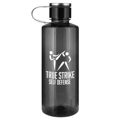 Red plastic bottle with custom logo.