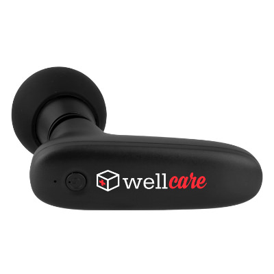 Black plastic massager with a custom imprint.