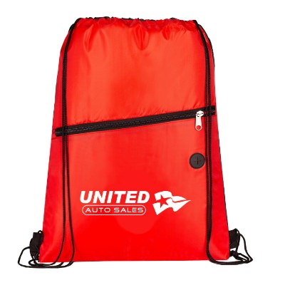 Polyester black angle drawstring cooler pack with custom logo.