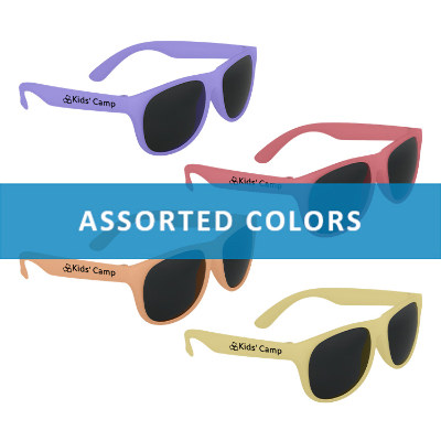Assorted plastic sunglasses with a custom imprint.