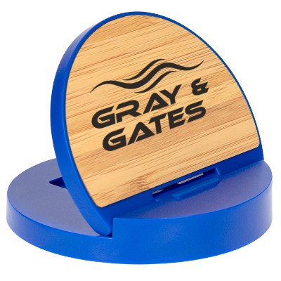 Blue plastic charging phone stand with a custom imprint.