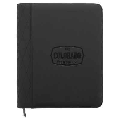Black stitch zippered padfolio with personalized debossed imprint.