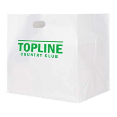 Plastic white recyclable take out bag with imprint.