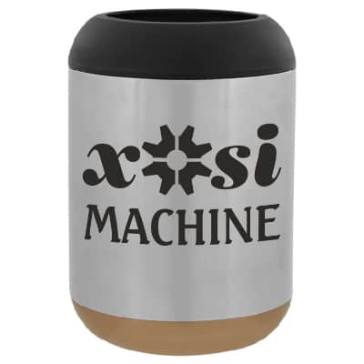 Stainless steel silver kit can cooler with logo.