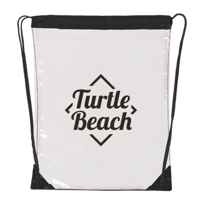 Plastic black and clear drawstring bag with personalized logo.