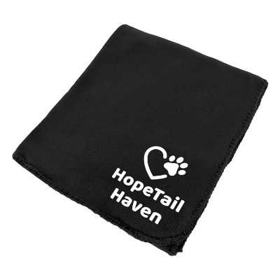 Black fleece blanket with custom logo.