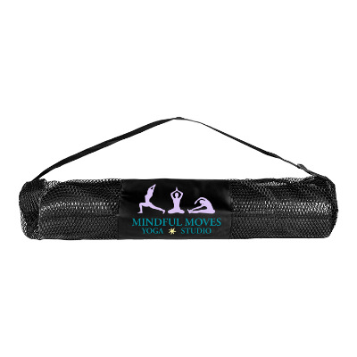 Black yoga mat with custom full color logo on case.