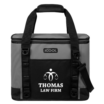 Gray polyester cooler with a custom logo.