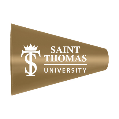 Metallic gold plastic megaphone with a branded logo.