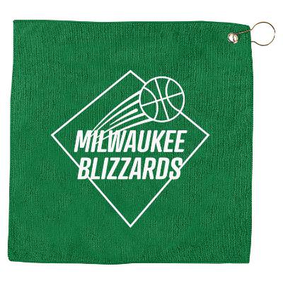 Custom square hemmed golf towel.