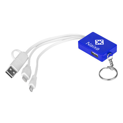 Blue plastic charging cable with a custom imprint.