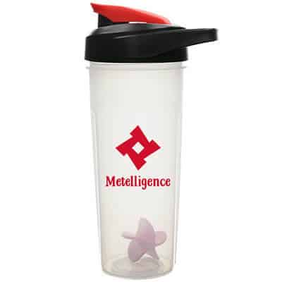 Plastic red shaker bottle with custom branding in 21 ounces.