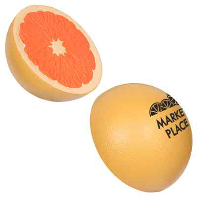Foam grapefruit half stress ball with custom imprint.