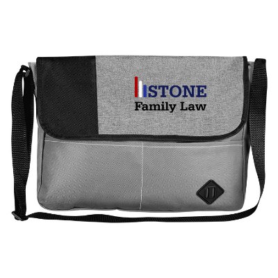 Gray messenger bag with pockets and personalized full-color logo.