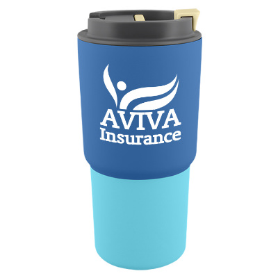 Blue tumbler with custom logo in 22 oz.
