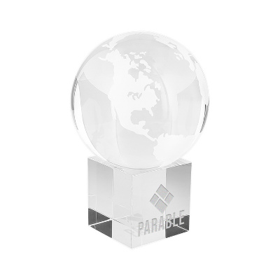 Crystal award with custom laser engraved imprint.