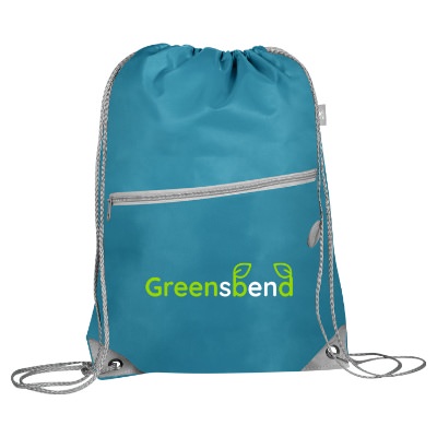 Blue rPET drawstring bag with personalized full-color imprint.