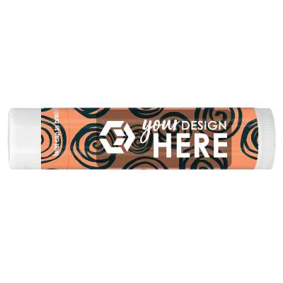 Blue background business lip balm with a customized logo.