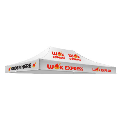 White 15-ft. tent canopy with custom imprint in 5 locations.