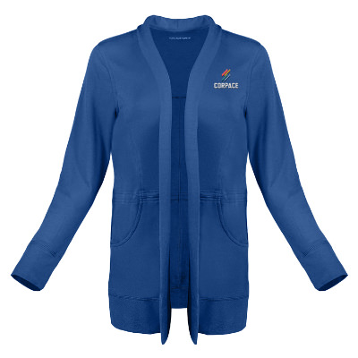 Blue cardigan with custom embroidered logo.