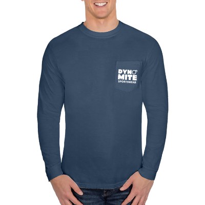 Long sleeve true navy custom logo tee.