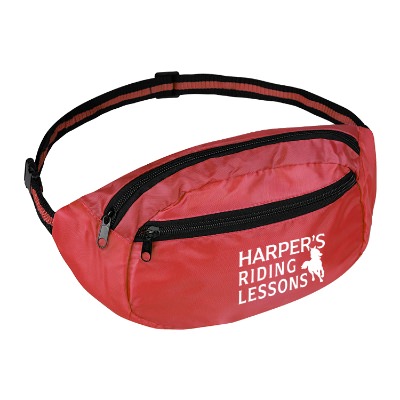 Red fanny pack with custom promotional logo.