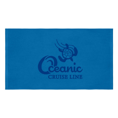 Blue beach towel with custom tone on tone imprint.