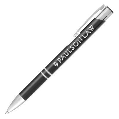 Gray metal pen with a branded logo.