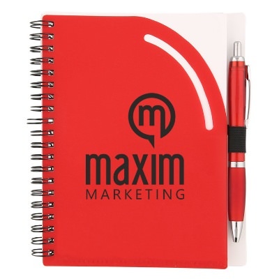 Custom logo on teal notebook with pocket and matching pen.