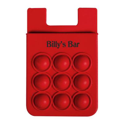 Red silicone phone wallet with a custom logo.