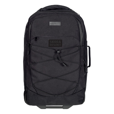 Black softside rolling carry-on with debossed logo.