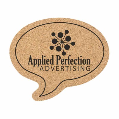 Large cork talk bubble coaster branded.