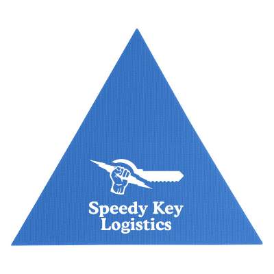 Blue triangle rubber jar opener with custom printed logo.