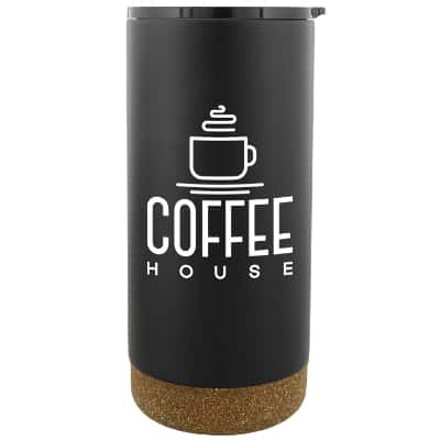 Stainless steel black tumbler with personalized logo in 16 ounces.