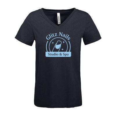 Heather navy women's tee with custom imprint.