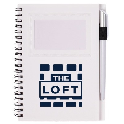 Branded red notebook with photo window and pen.