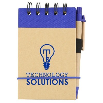 Cardboard natural and blue mini jotter with pen with printed logo.