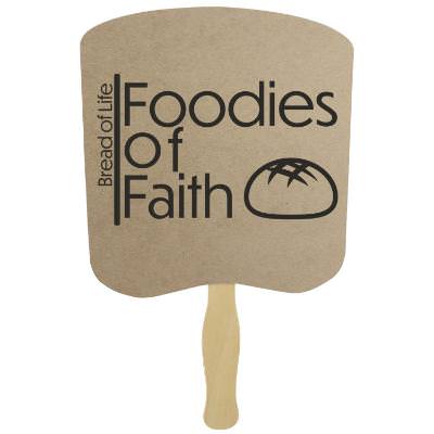Paper brown hand fan with a personalized logo.