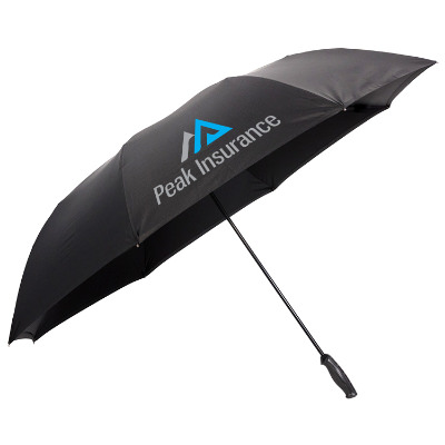 Black shed rain unbelievabrella golf umbrella with unique full color logo.