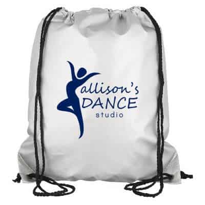 Polyester metallic silver drawstring with imprinted logo.