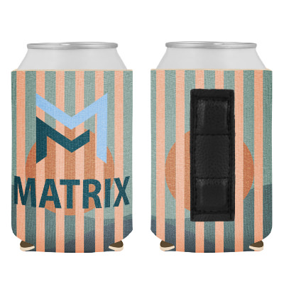 Boho striped can cooler with custom full color imprint.