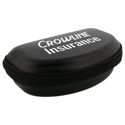 Black sunglass case with promotional imprint.
