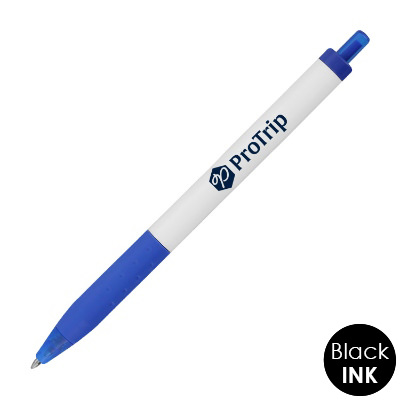 Blue plastic pen with a custom imprint.