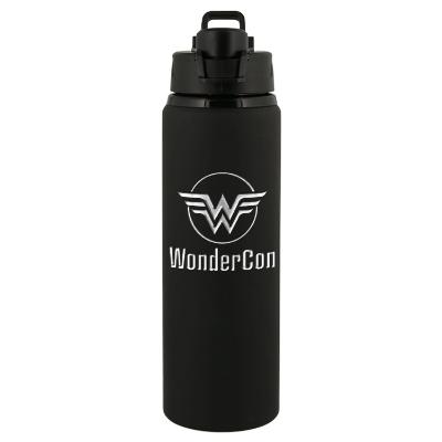 Black aluminum bottle with engraved logo.