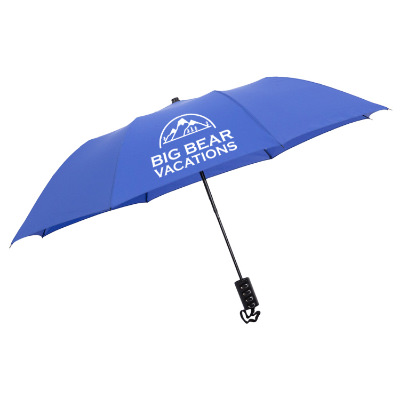 Blue auto open folding umbrella with personalized logo.