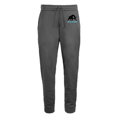 Custom dark smoke grey fleece jogger with full color imprint.