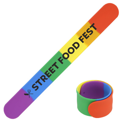 Rainbow silicone wristband with a personalized logo.